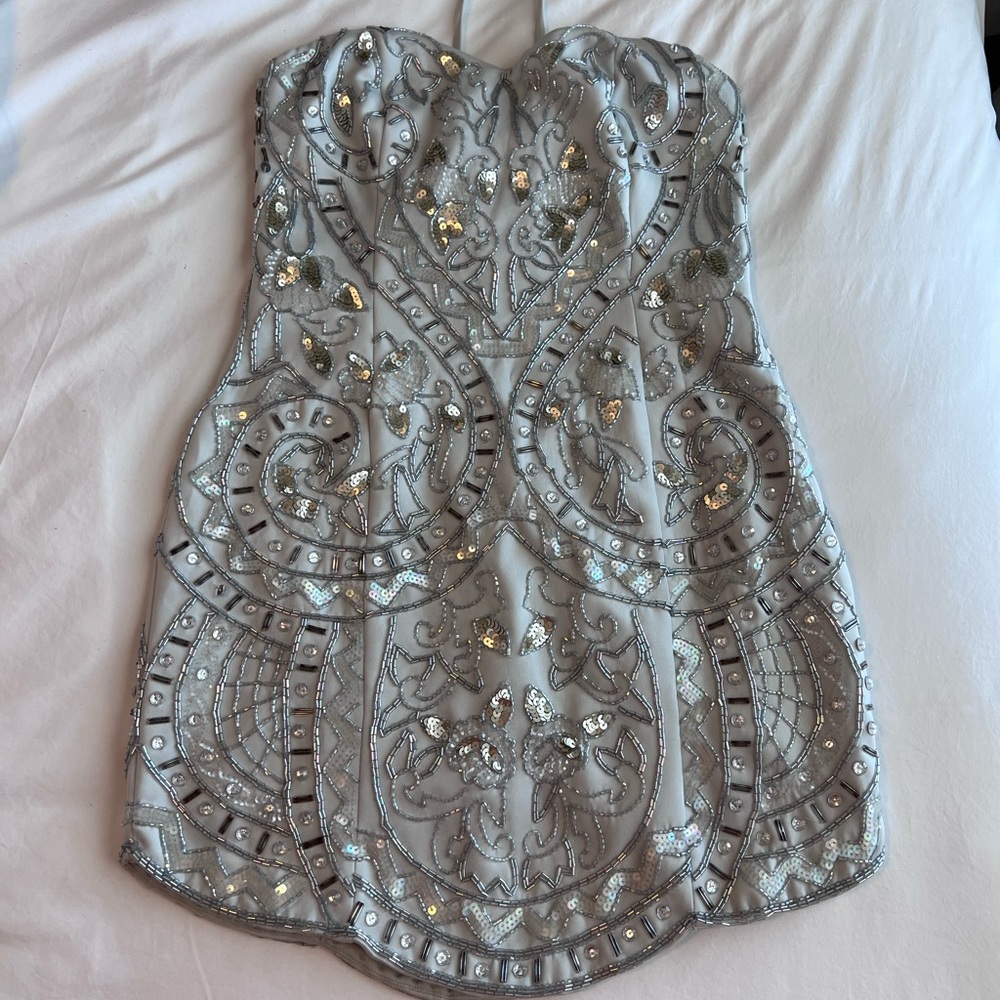 ASOS DESIGN Embellished Sequin Mini dress with lace-up back in Smokey blue
